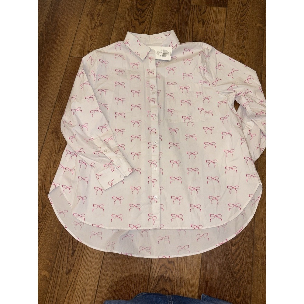 Crown & Ivy Pink Ribbon Button Up Collared Long Sleeve Shirt White Size Large